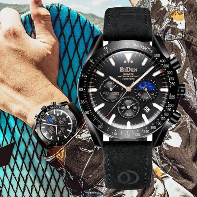 ▥ BIDEN ยี่ห้อ Luxury Chronograph นาฬิกาข้อมือควอตซ์สำหรับชายกีฬานาฬิกาข้อมือกันน้ำ Moon Phase นาฬิกาชาย Relogio Masculino