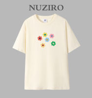 NUZIRO เสื้อยืดแขนสั้นสำหรับผู้หญิง,เสื้อยืดคู่คอกลม Sablon Bunga สีตัดกันสไตล์เกาหลี