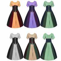 Medieval Retro Contrasting Color Patchwork Lace Up Waist Up Large Swing Skirt, Off Shoulder Dress, Dress, Womens Cosplay