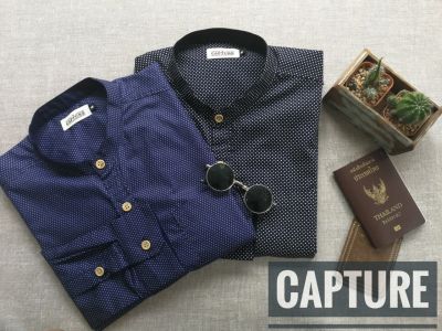 Capture Shirt เสื้อเชิ้ตผู้ชาย แขนยาว คอจีน ลายจุดไข่ปลา มีถึงอก 48 นิ้ว