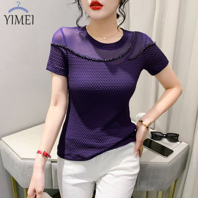 YIMEI 2023 New Slim Fit Simple Beaded Short Sleeve T-shirt Womens Fashion Hollow Out Versatile Lace Bottom Shirt