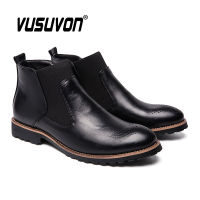 Men Chelsea Boots 38-46 Fashion Brogure Pattern High-top Casual Shoes Spring Summer Ankle Martin Genuine Leather British Style