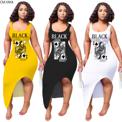 CM.YAYA Women Poker Card Black Queen Side Split Tank Maxi Midi Dress