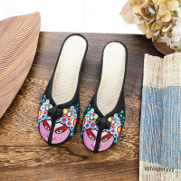 National Style Handmade Cotton Fabric Slipper Women Beijing Opera Embroidery Indoor Slippers Vintage Summer Flat Heel Shoes 2023