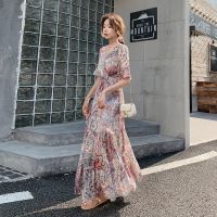 ☊ READY STOCK Dress Large Medium Sleeve Summer Floral Chiffon V-neck Waist Slim Long Dress v领收腰显瘦连衣裙