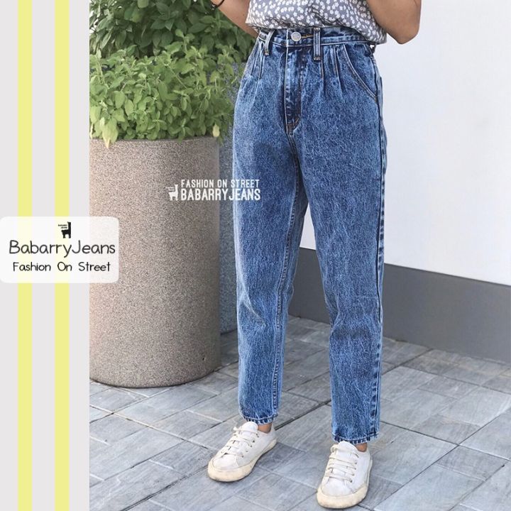 พร้อมส่ง-babarryjeans-ยีนส์ทรงบอยเฟรน-เอวสูง-วินเทจ-เอวจีบ-สียีนส์ฟอก