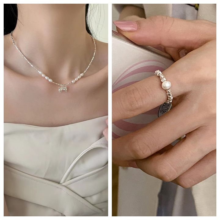 ideal-สร้อยมุกคู่เพชร-pearl-bows-จี้มุกธรรมชาติแท้100-เรียกทรัพย์-สร้อยคอเงินแท้-สร้อยคอมุก-สร้อยเงิน-สร้อยมุก-สอยคอน่ารักๆ-สร้อยมุกแฟชั่น