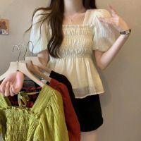 【มีไซส์ใหญ่】Plus Size M-4XL Womens Stretchable Bust Elegant Summer Blouses Ladies Short Sleeve Female Green Black Tops