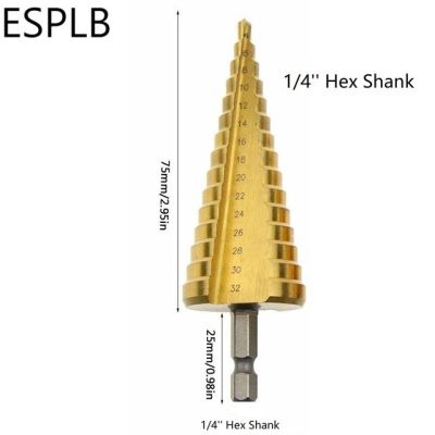 Esplb ก้านหกเหลี่ยม/สามเหลี่ยม Hss ขลุ่ยแนวตรงหัวเจาะเจดีย์เคลือบไทเทเนียมเครื่องมือหัวเจาะหัวสว่านเจาะตรงกลาง1ชิ้น4-32มม.