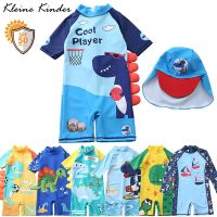 HOT★Swimsuit Kids UV Protection Baby Swimwear Dinosaur Print Childrens Bathing Suit One-Piece Beach Boys Swimming Suits With Caps