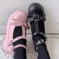 Rimocy Sweet Heart Buckle Wedges Mary Janes ผู้หญิงสีชมพู T-Strap Chunky แพลตฟอร์ม Lolita รองเท้าผู้หญิง Punk Gothic คอสเพลย์รองเท้า43