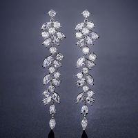 【YF】 Luxury Zirconia Crystal Long Leaf Drop Dangle Clip on Earrings for Women Bridal Wedding Party Without Piercing Jewelry