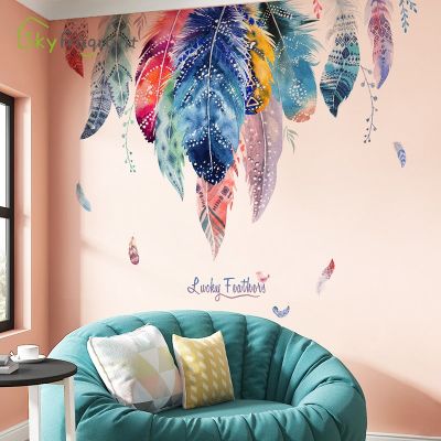 [24 Home Accessories] Dreamlike Feather Wall Decor Creative Stickers สติ๊กเกอร์ติดผนัง Self-Adhesive ห้องนอนห้องนั่งเล่นตกแต่งพื้นหลัง Wallpaper