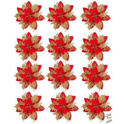 Red Poinsettia Artificial Christmas Flowers Christmas Tree Ornaments for Xmas Wedding Party Wreath Decor,12Pcs,5.5In