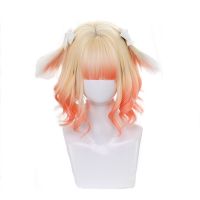 L-email wig Blonde Mixed Pink Lolita Wigs with Ears Gradient Loose Wave Sweet Harajuku Cosplay Wig Heat Resistant Synthetic Hair Gift ของขวัญ