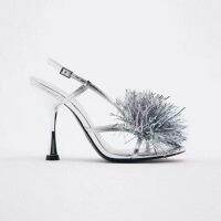 Spain 2023 spring new Zaraˉfashion stiletto silver flower ball decoration high heel sexy temperament female sandals