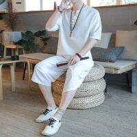 Chinese Style Seven-point Sleeve Two-piece Suit Cotton and Linen Two-piece Solid Color Casual Suit