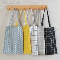 5 Colors Women Shopper Bag Plaid Linen Cotton Canvas Shopping Shoulder Bags Eco-friendly Folding Portable Grocery Tote Bags