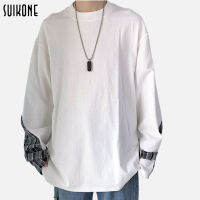 Suikone เสื้อสเวตเตอร์ผู้ชายคอกลมสีทึบ  ตรวจสอบ Cuff Top   สองสี ขาว-ดำ  ชายและหญิงสไตล์เดียวกัน M-2xl