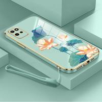 เคสสำหรับ Realme 8i Realme Narzo 50 4G ฝาหลังดอกบัวหลากสีดีไซน์ใหม่เคสโทรศัพท์เคสนิ่มเคลือบอิเล็คโทรเพลทกล่องกันกระแทก TPU ซิลิโคนพร้อมฟรีสายคล้อง