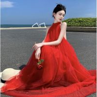 New Chinese style design feeling neck hung loose morning gown dress red veil type dress dress