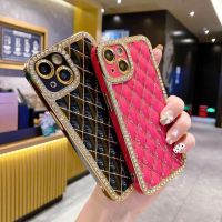 เหมาะสำหรับหนังแกะ Rhinestone 14 เคสศัพท์ 13ProMax ลายสี่เหลี่ยมขนมเปียกปูน 1112 เคสป้องกัน TPU