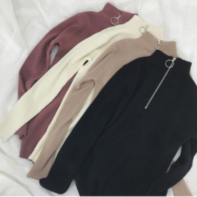 Korean Knitted Turtleneck Sweater Women Autumn Winter Zipper Up Solid Color Knitting Pullovers Big Size Pull Femme Polo Jumper