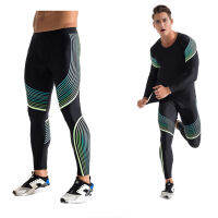 Mens Running Sport Tights Pant Male Striped Print Compression Leggings For Gym Fitness Crossfit Football Training Long Trousers