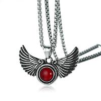 Retro Mens Stainless Steel Red Agate Necklace Male Feather Wing Pendant Chain Jewelry