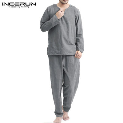 TOP☆INCERUN Mens Solid Night Sleepwear Suits Linen Cotton Top&amp;Pants Pajamas Sets (Homewear)