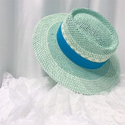 หมวกผู้หญิงฤดูร้อนสีเขียวมิ้นท์หมวกหมวกฟางแบนบังแดดหมวกปานามาปีกกว้างหมวกชายหาดทะเลผู้ชาย