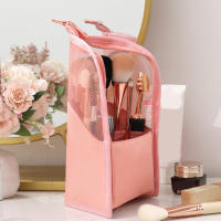 Women Portable Home Clear Zipper Organizer Travel Multifunctional Saving Space Stand Cosmetic Bag Protection Makeup Brush