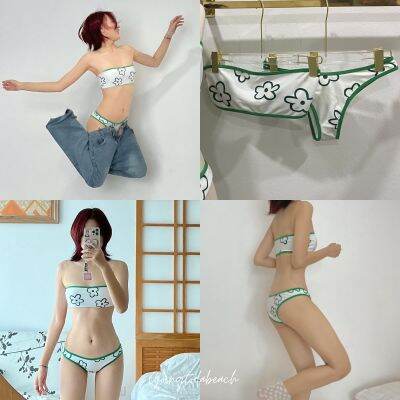 พร้อมส่ง • ชุดว่ายน้ำ Bikini เกาะอก + กางเกง ทรงไฮคัท ลายดอกขอบกุ้นเขียว มินิมอล