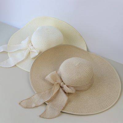 ปีกหมวกกว้างห้อยผูกโบว์หมวกฟางผู้หญิงสำหรับผู้หญิงหมวกปานามาหมวกกันแดดสไตล์ชายหาด Uiy-7กลางแจ้งพับได้สำหรับฤดูร้อน
