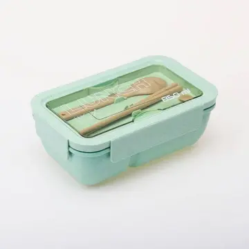 Wheat Straw Microwavable Lunch Box with Plastic Utensils 1000ml Green