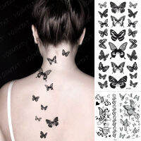 กันน้ำชั่วคราว TATTOO สติกเกอร์ผีเสื้อสีดำ Moth Rose ดอกไม้แฟลช TATTOO ผู้หญิงเซ็กซี่คอเอว Body Art สักปลอมผู้ชาย-KEOIR MALL