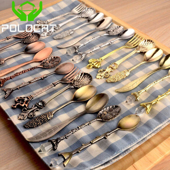 Polocat 6pcs/set Vintage Dessert Forks and Spoons, Mini Royalty Style