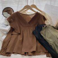 [COD] 2022 autumn Korean style retro loose V-neck ruffled bubble long-sleeved irregular coffee doll