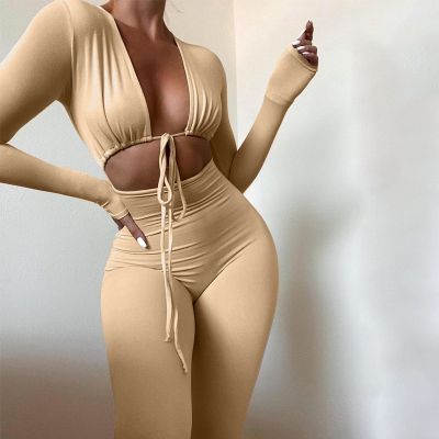 y Hollow Out V Neck Skinny Jumpsuit Women Long Sleeve Lace Ups Playsuits 2021 Autumn Streetwear