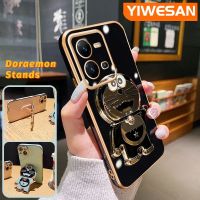 YIWESAN เคสนิ่มสำหรับ Vivo V25 5G V25 Pro 5G V25E X80 Lite S15 Pro 5G เคสขาตั้งโทรศัพท์โดราเอมอนน่ารักลายการ์ตูนดีไซน์ใหม่เคสโทรศัพท์พับได้ฝาปิดเลนส์เต็มรูปแบบกล้องป้องกันการกระแทก