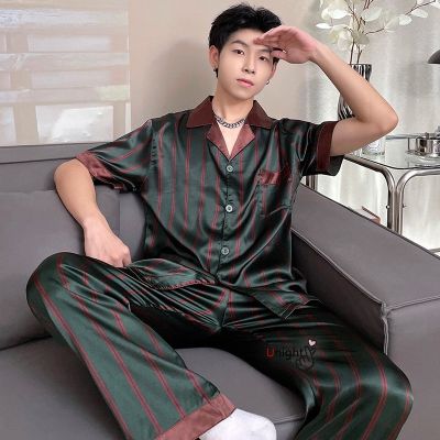 Silk Men Large Size Pyjamas Short Sleeve Men Sleepwear Home Clothes Satin Trousers Stripe Daddy Pajama Set Big Size 4XL 7XL