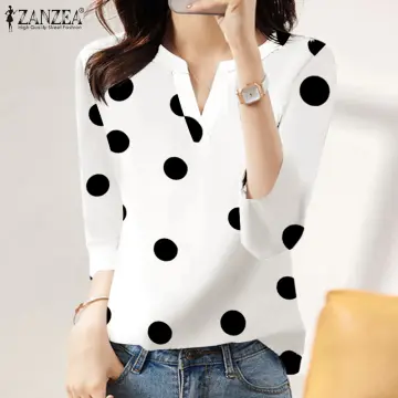 White Polka Dot Elegant Shirt Women's Blouses