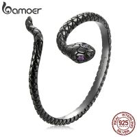 Bamoer 925 Sterling Silver Mysterious Snake Adjustable Ring for Women Cool Band Personality Ring Women Statement Jewelry Gift