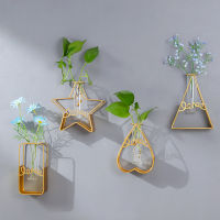 Creative Nordic Golden Hydroponic Glass Vase Metal Geometric Wall Vase For Home Living Room Wall Decoration Flowerpot