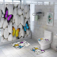 Colorful Butterfly Pebble Stones Print Home Decor Bathroom Toilet Sets Waterproof Shower Curtain Home Textile Mats Car Suits