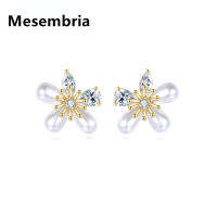 Mesembria คริสตัลชุบทอง18K ฝังเพชร AAA ลูกบาศก์ Zircon คริสตัลไข่มุกน่ารักและดอกไม้ตุ้มหูเม็ดกลมสำหรับสาว