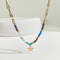 2023 Boho Multicolor Acrylic Bead Chain Necklace Fashion Delicate Five Pointed Star Pendant Necklace for Women Girls Jewelry