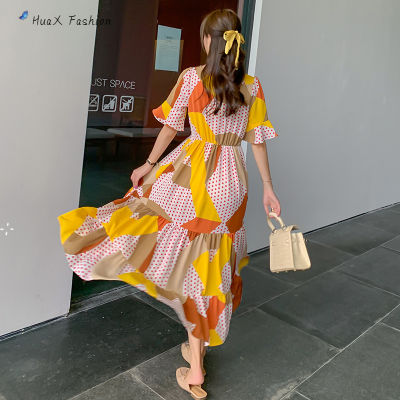 HuaX Women Dress Chiffon Flare Sleeve Waist-Slimming Designed Ruffled Polka Dot Printed Long Skirt