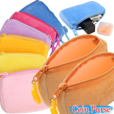 Dompet koin bulu halus warna permen lucu dompet kantong uang persegi minimalis wanita tas Headphone tempat kunci tas kartu ID