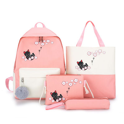 4 SetsPcs Woman Laptop Backpack Ribbons School Backpacks cute cat Schoolbag For Teenagers Girls Student Book Bag Female Satchel